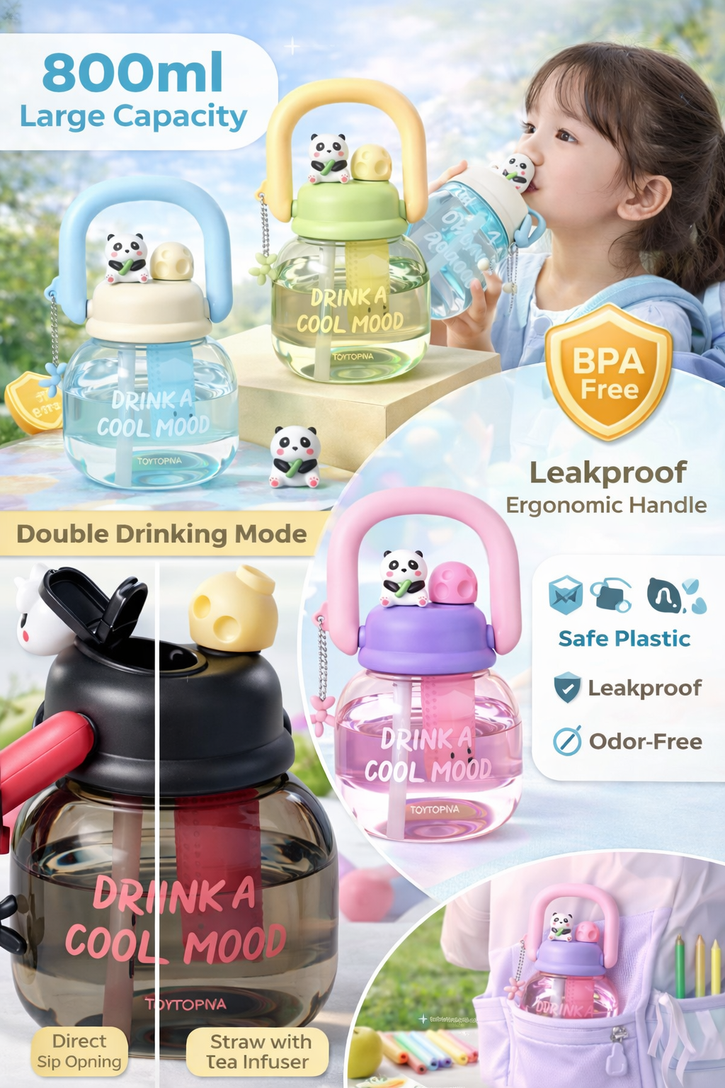 Toytopia Panda Kids Water Bottle – 800ML Leakproof BPA Free Sipper Bottle with Straw & Infuser