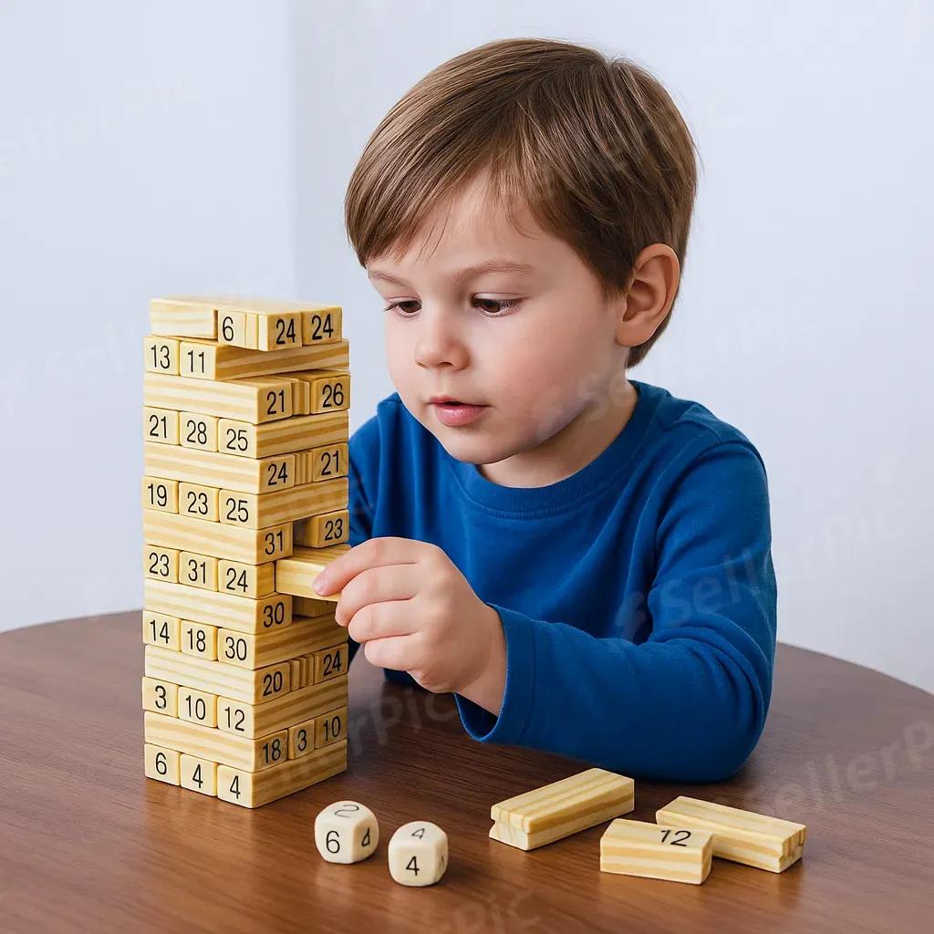 Toytopia Universe Wooden Number Stacking Tower Game with Dice – Fun Family Board Game for Kids & Adults, Educational Learning Toy