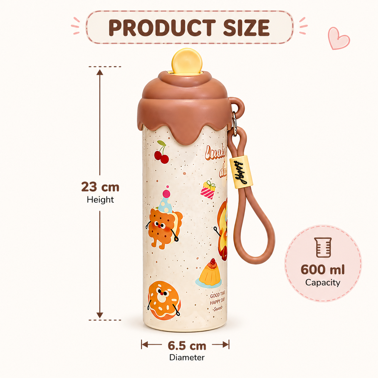 Toytopiya Kids Water Bottle 600ml – SUS 316 Stainless Steel Interior, BPA Free, Leak-Proof Cartoon Bottle with Strap