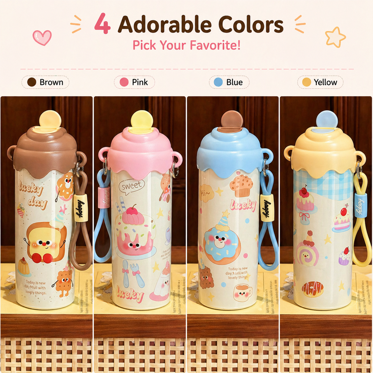 Toytopiya Kids Water Bottle 600ml – SUS 316 Stainless Steel Interior, BPA Free, Leak-Proof Cartoon Bottle with Strap
