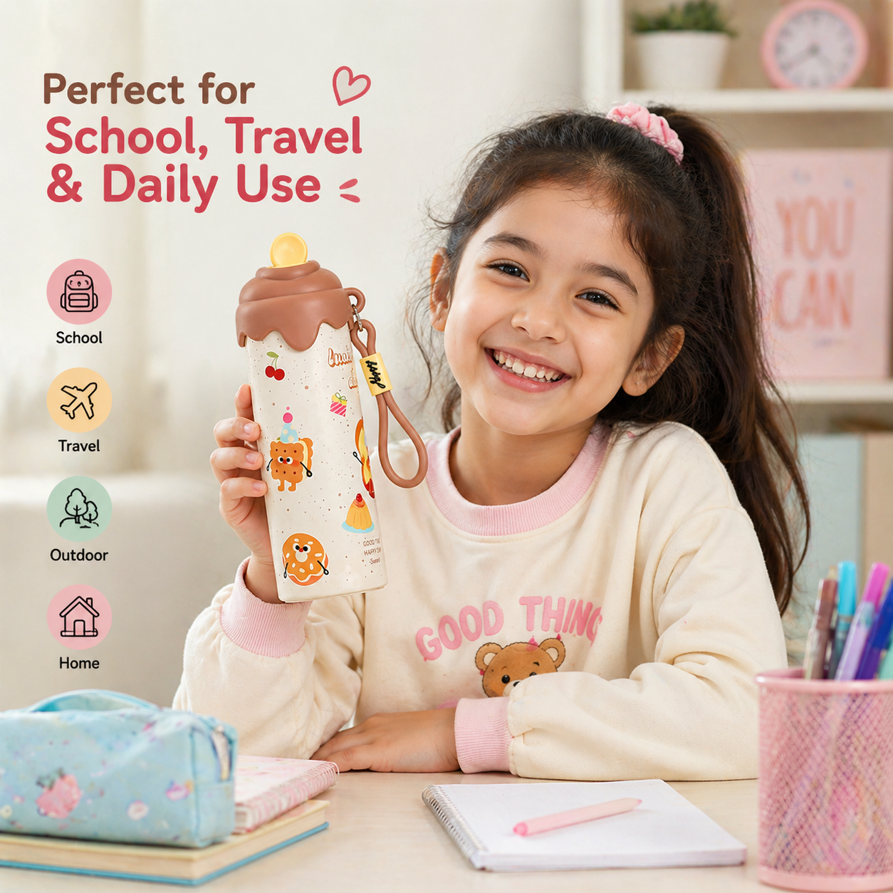 Toytopiya Kids Water Bottle 600ml – SUS 316 Stainless Steel Interior, BPA Free, Leak-Proof Cartoon Bottle with Strap