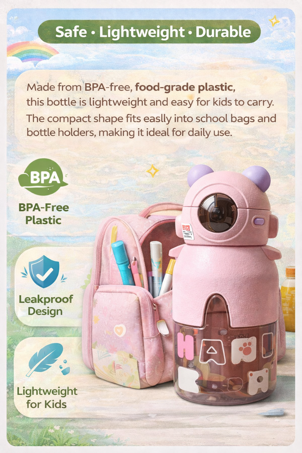 Premium Cute Robot Bear Kids Water Bottle with Straw – Leakproof Cartoon Sipper (500ml)