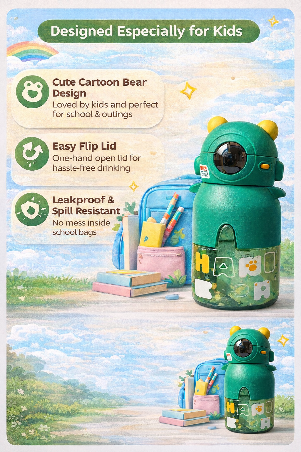 Premium Cute Robot Bear Kids Water Bottle with Straw – Leakproof Cartoon Sipper (500ml)