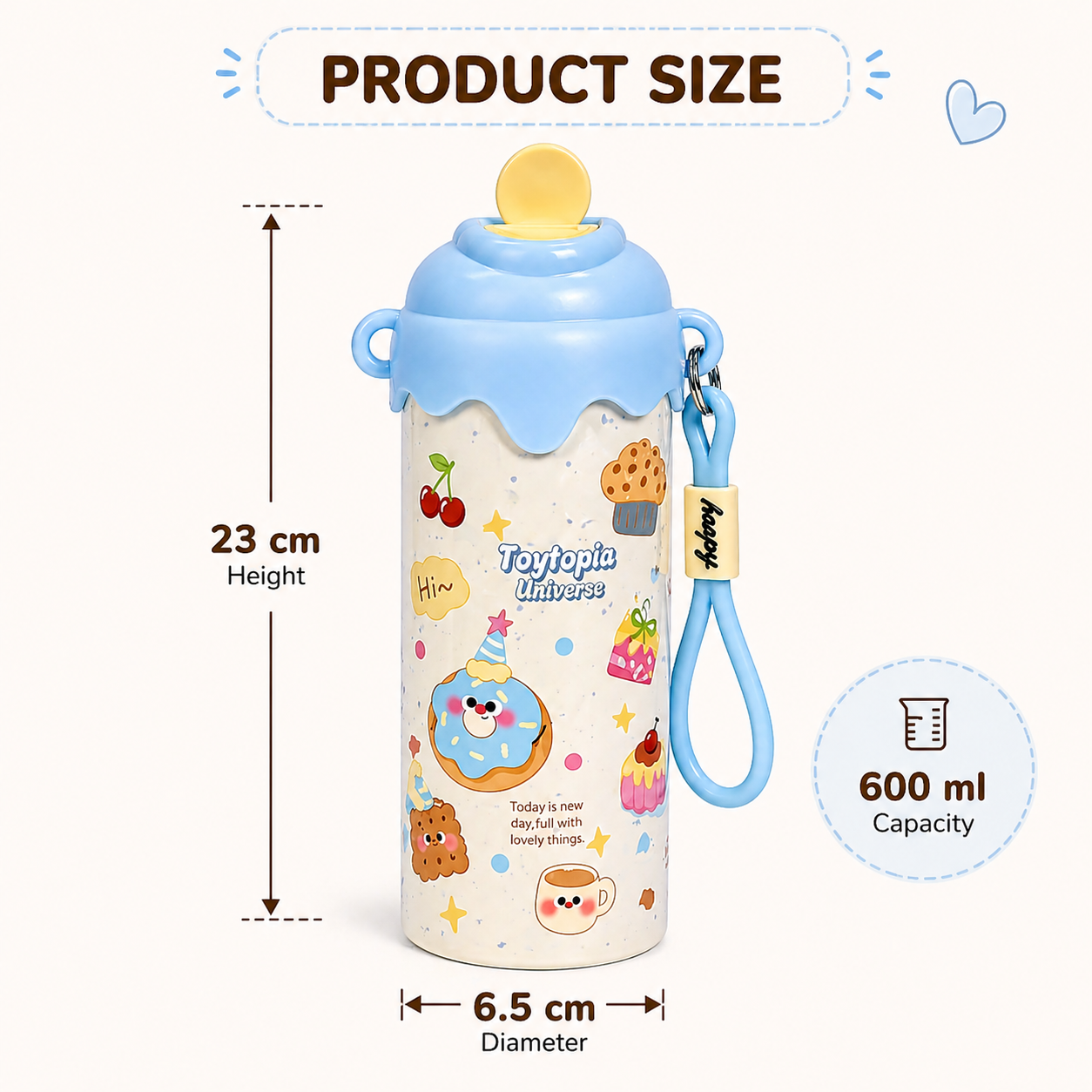 Toytopiya Kids Water Bottle 600ml – SUS 316 Stainless Steel Interior, BPA Free, Leak-Proof Cartoon Bottle with Strap