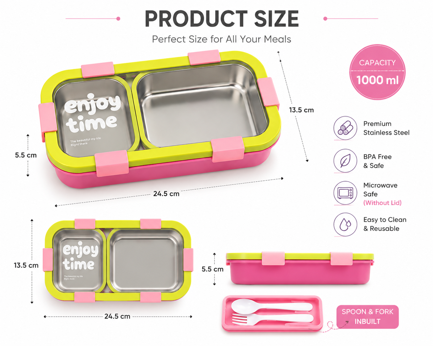 1000ml Stainless Steel Kids Lunch Box with Spoon & Fork – Leak Resistant Bento Lunch Container for School, Office & Travel