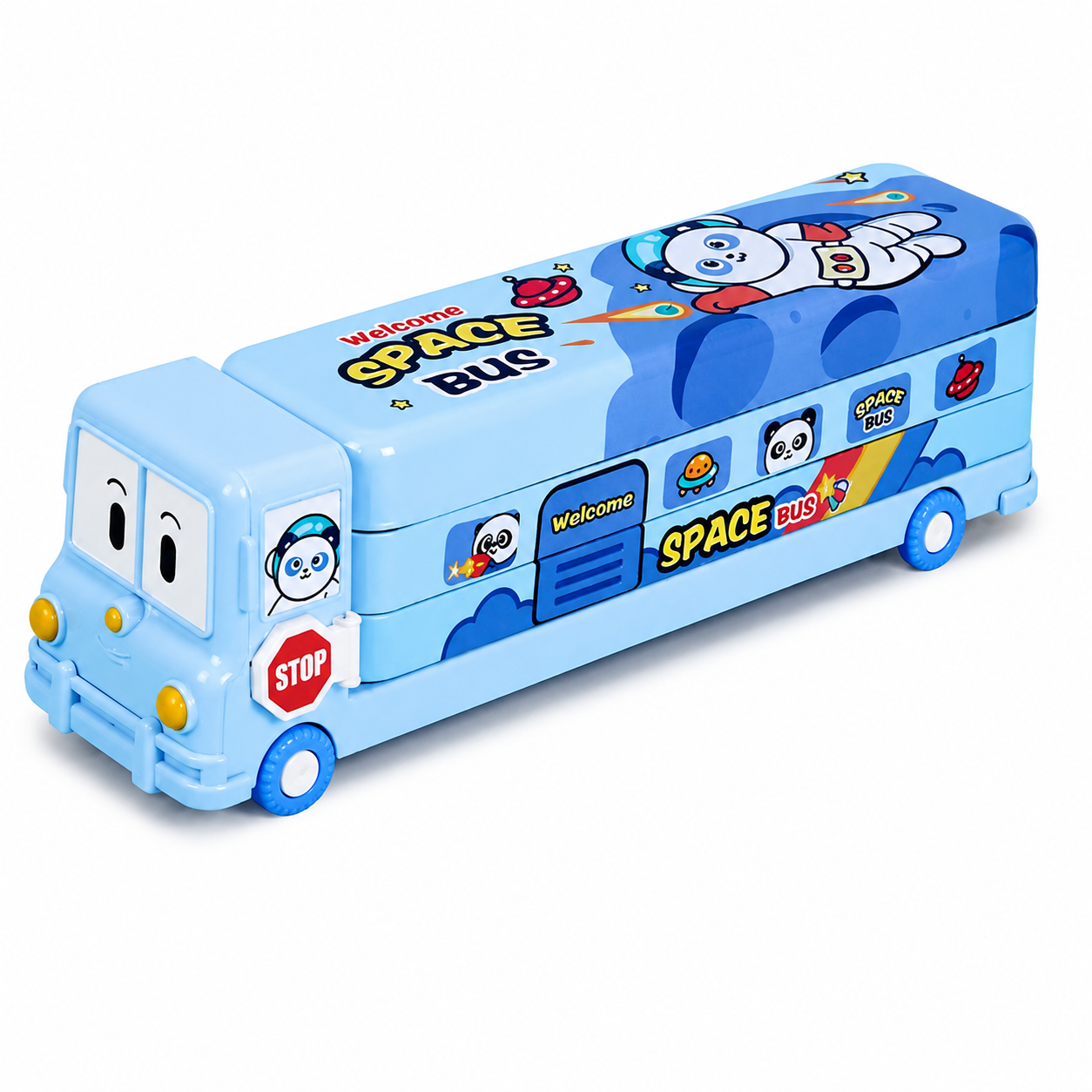 3 Layer Space Bus Pencil Box for Kids with Built-in Sharpener | Large Capacity School Pencil Case | Cute Cartoon Bus Design | Blue