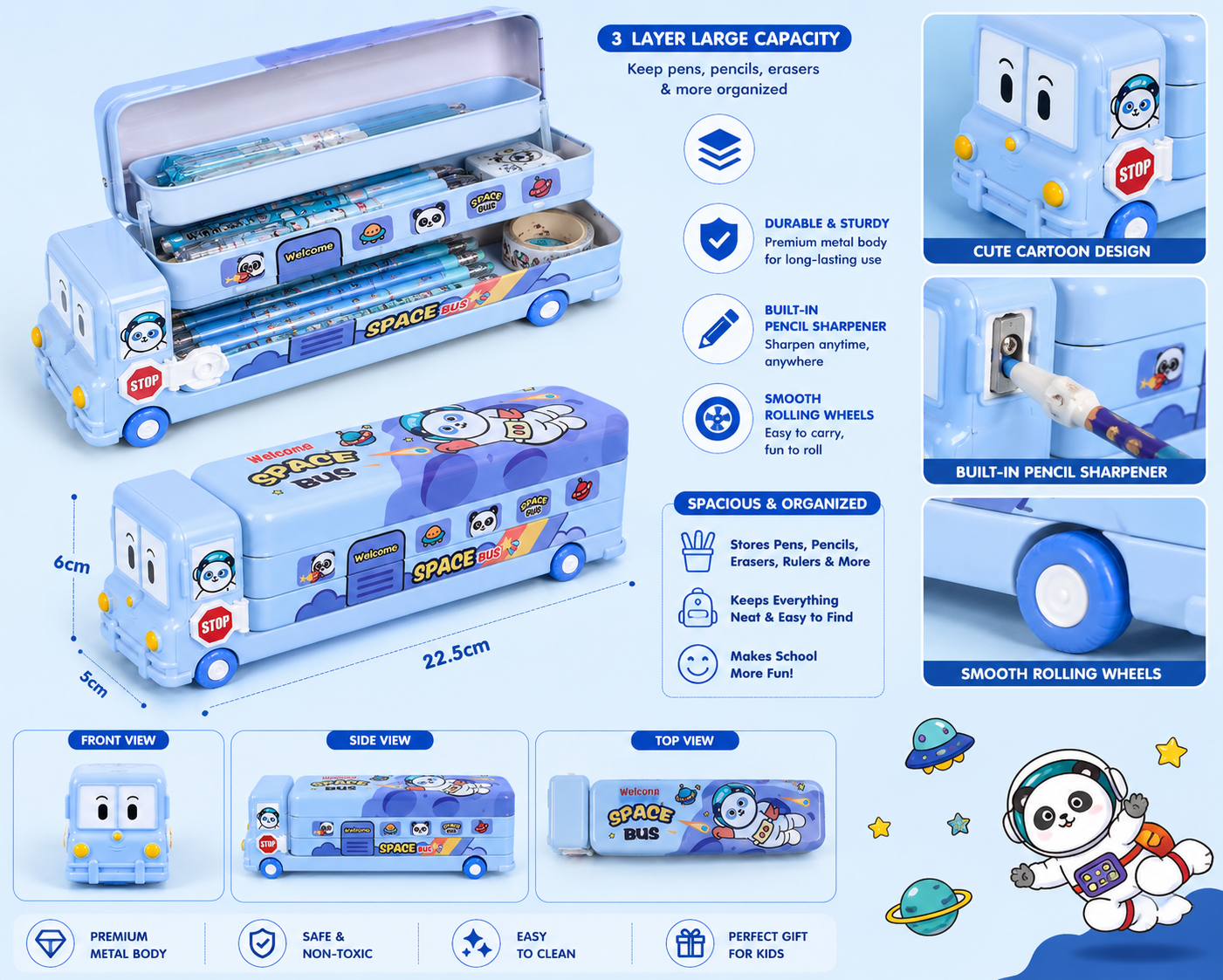 3 Layer Space Bus Pencil Box for Kids with Built-in Sharpener | Large Capacity School Pencil Case | Cute Cartoon Bus Design | Blue