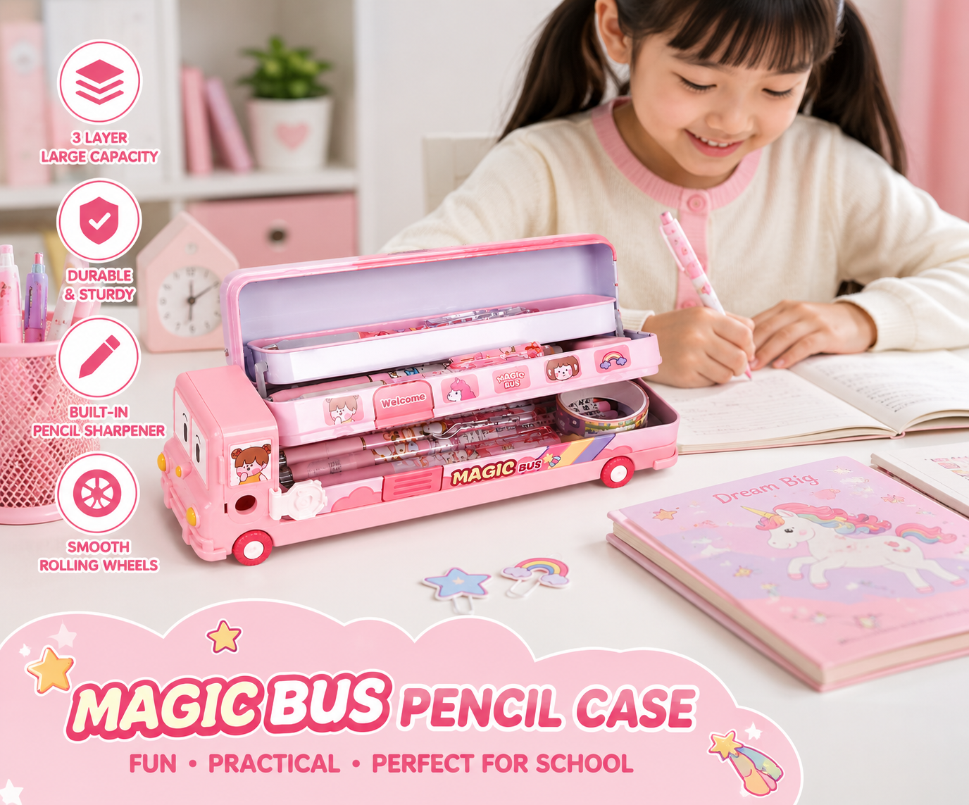 3 Layer Space Bus Pencil Box for Kids with Built-in Sharpener | Large Capacity School Pencil Case | Cute Cartoon Bus Design | Blue
