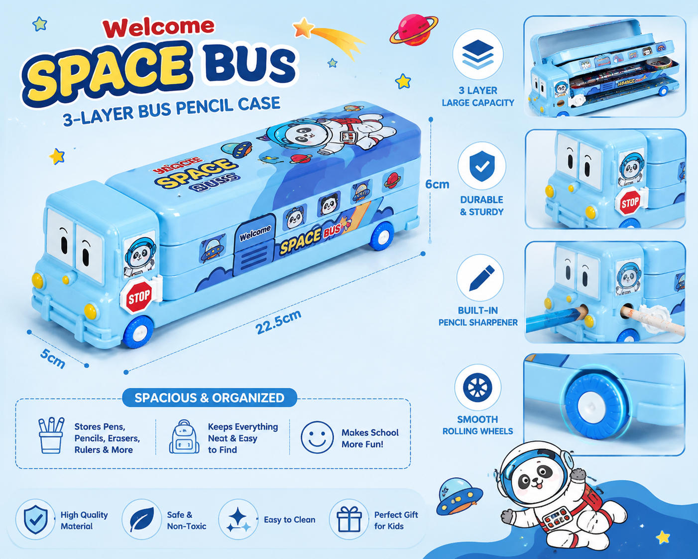 3 Layer Space Bus Pencil Box for Kids with Built-in Sharpener | Large Capacity School Pencil Case | Cute Cartoon Bus Design | Blue
