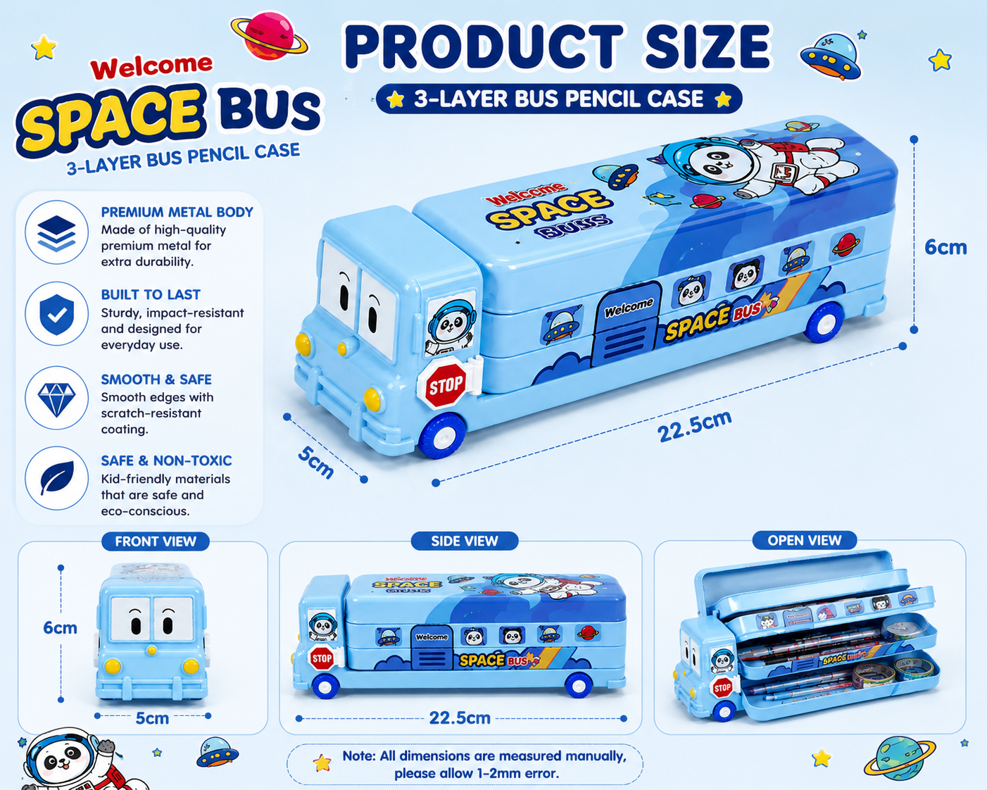 3 Layer Space Bus Pencil Box for Kids with Built-in Sharpener | Large Capacity School Pencil Case | Cute Cartoon Bus Design | Blue