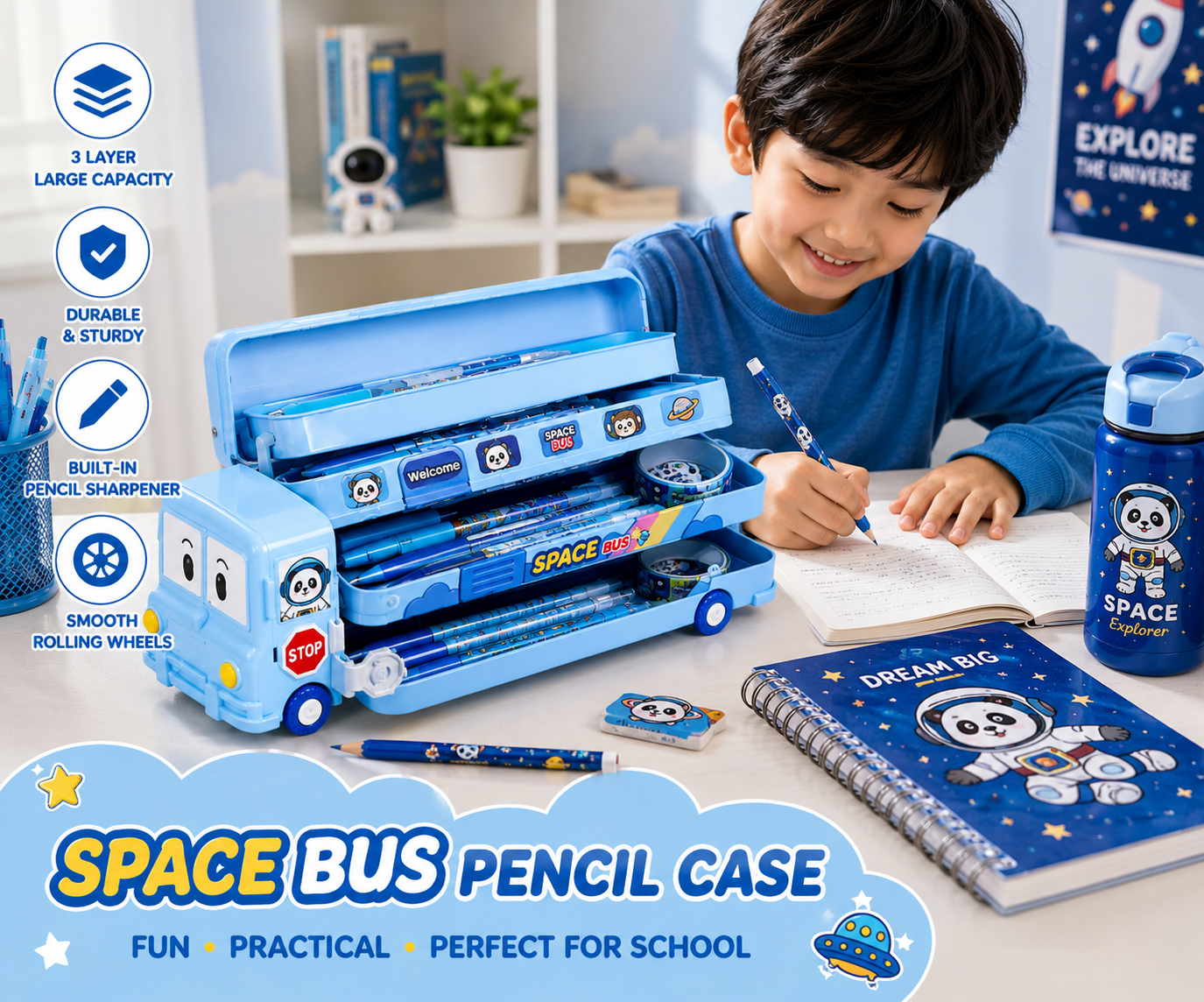 3 Layer Space Bus Pencil Box for Kids with Built-in Sharpener | Large Capacity School Pencil Case | Cute Cartoon Bus Design | Blue