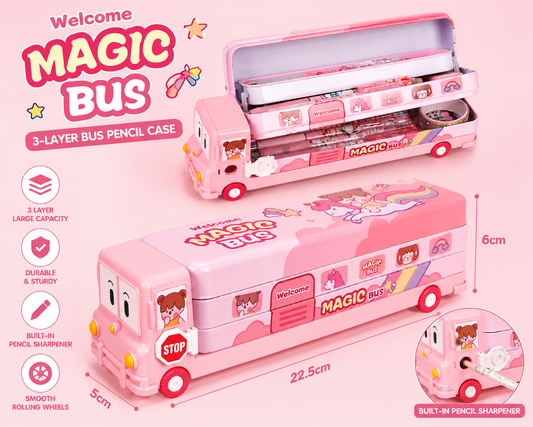 3 Layer Space Bus Pencil Box for Kids with Built-in Sharpener | Large Capacity School Pencil Case | Cute Cartoon Bus Design | Blue