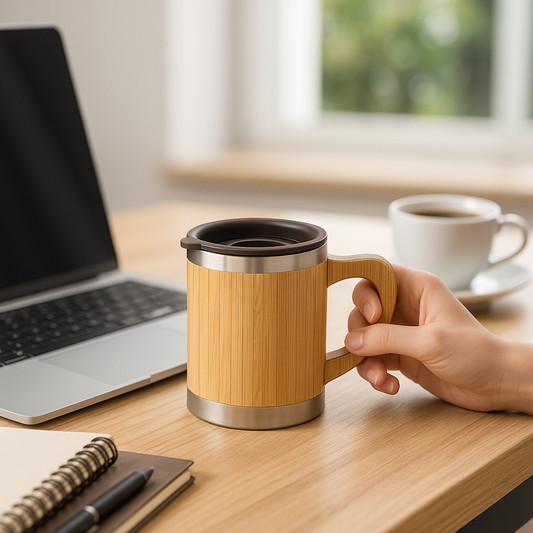 Toytopia Universe Premium Bamboo Insulated Coffee Mug with Lid – Eco-Friendly Stainless Steel Travel Mug for Hot & Cold Beverages, 350ml