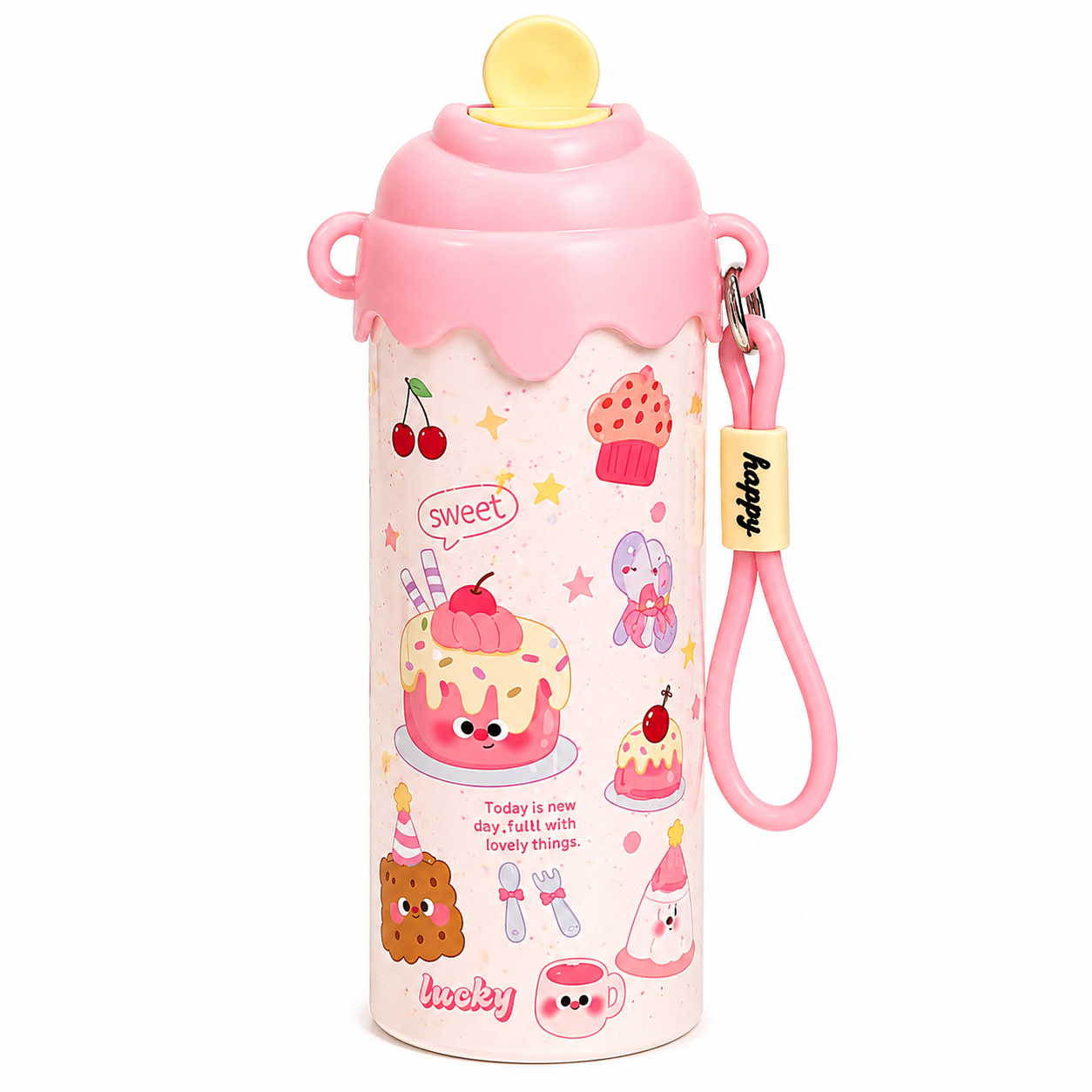 Toytopiya Kids Water Bottle 600ml – SUS 316 Stainless Steel Interior, BPA Free, Leak-Proof Cartoon Bottle with Strap