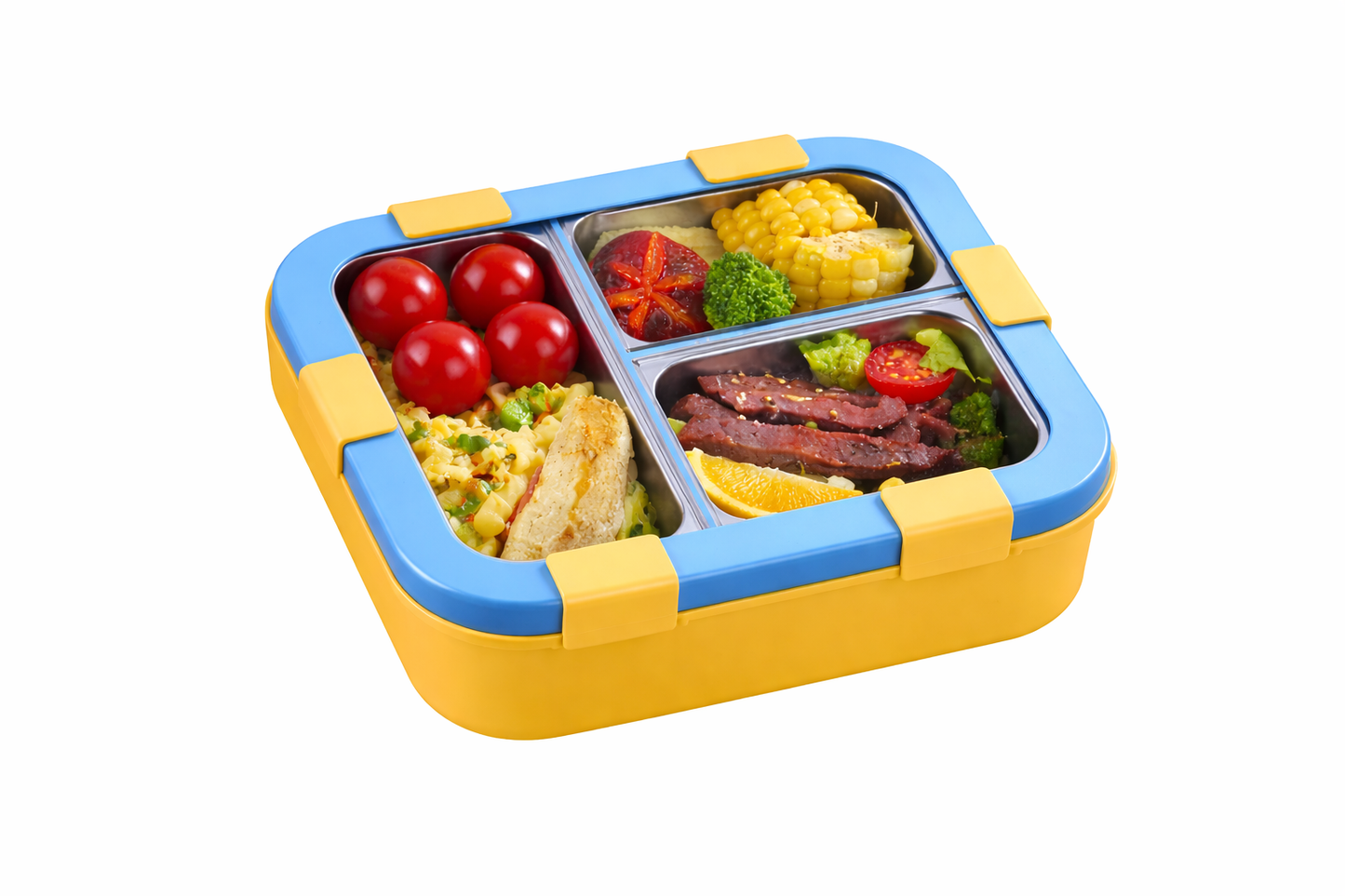 Kids Lunch Box with 4 Compartments | Leak-Proof Bento Box with Silicone Seal | BPA Free | Stainless Steel Interior | With Spoon & Fork | Ideal for School & Office