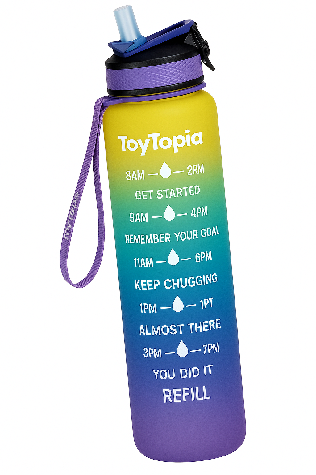 Toytopia Universe Motivational Water Bottle with Time Marker – Leakproof, BPA Free, 1 Liter, Gradient Colors, with Straw & Strap