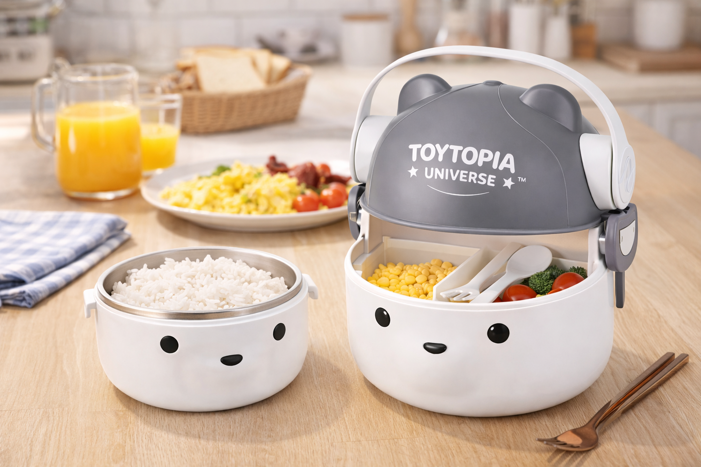 Toytopia Universe™ Kids Lunch Box 800ML | 304 Stainless Steel Inner Bowl | Leak-Proof Double Layer Tiffin Box | Cute Bear Design with Handle | School Lunch Box for Boys & Girls