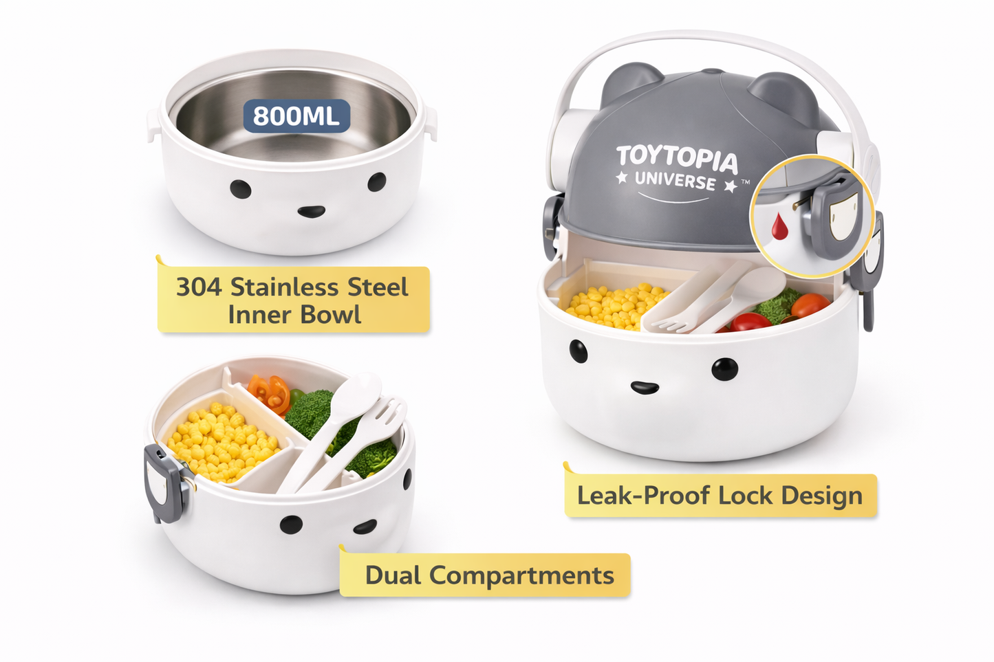 Toytopia Universe™ Kids Lunch Box 800ML | 304 Stainless Steel Inner Bowl | Leak-Proof Double Layer Tiffin Box | Cute Bear Design with Handle | School Lunch Box for Boys & Girls