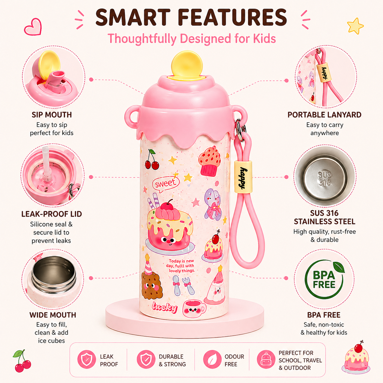 Toytopiya Kids Water Bottle 600ml – SUS 316 Stainless Steel Interior, BPA Free, Leak-Proof Cartoon Bottle with Strap
