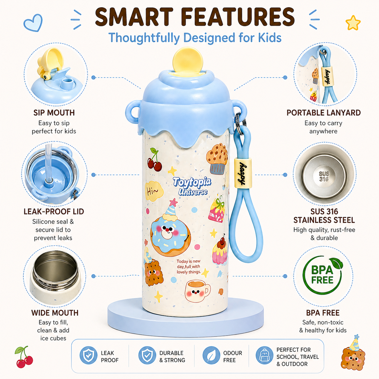 Toytopiya Kids Water Bottle 600ml – SUS 316 Stainless Steel Interior, BPA Free, Leak-Proof Cartoon Bottle with Strap