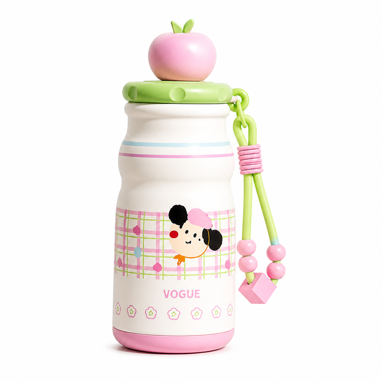 Kids Stainless Steel Insulated Water Bottle with Straw & Cute Apple Lid – 480ml Leak Proof Bottle for School, Travel & Daily Use