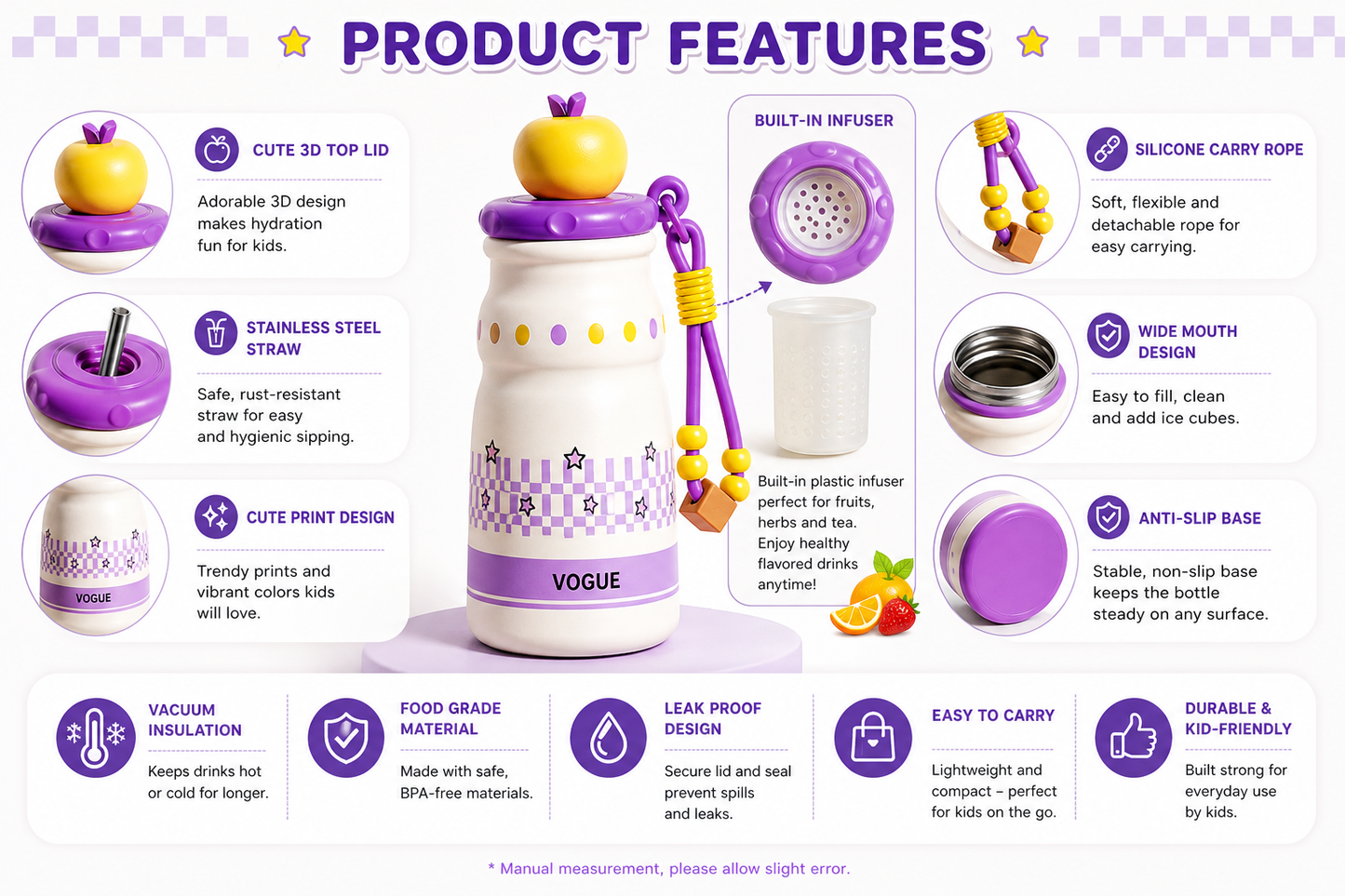 Kids Stainless Steel Insulated Water Bottle with Straw & Cute Apple Lid – 480ml Leak Proof Bottle for School, Travel & Daily Use