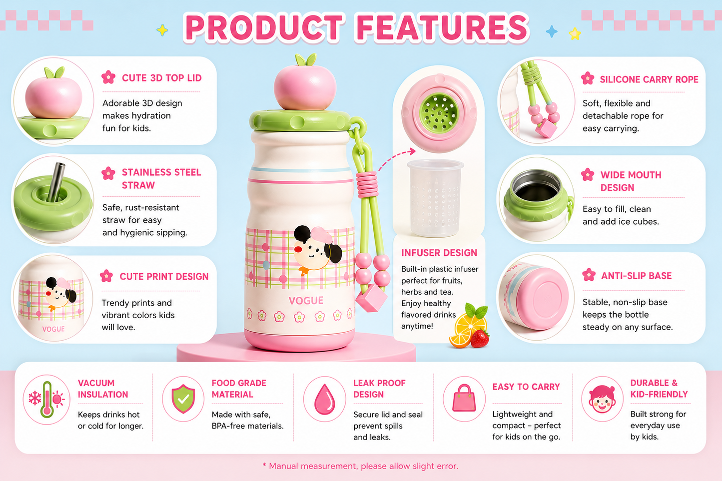 Kids Stainless Steel Insulated Water Bottle with Straw & Cute Apple Lid – 480ml Leak Proof Bottle for School, Travel & Daily Use