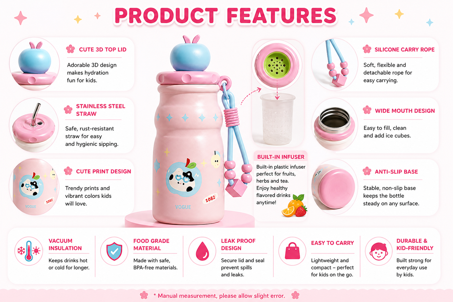 Kids Stainless Steel Insulated Water Bottle with Straw & Cute Apple Lid – 480ml Leak Proof Bottle for School, Travel & Daily Use