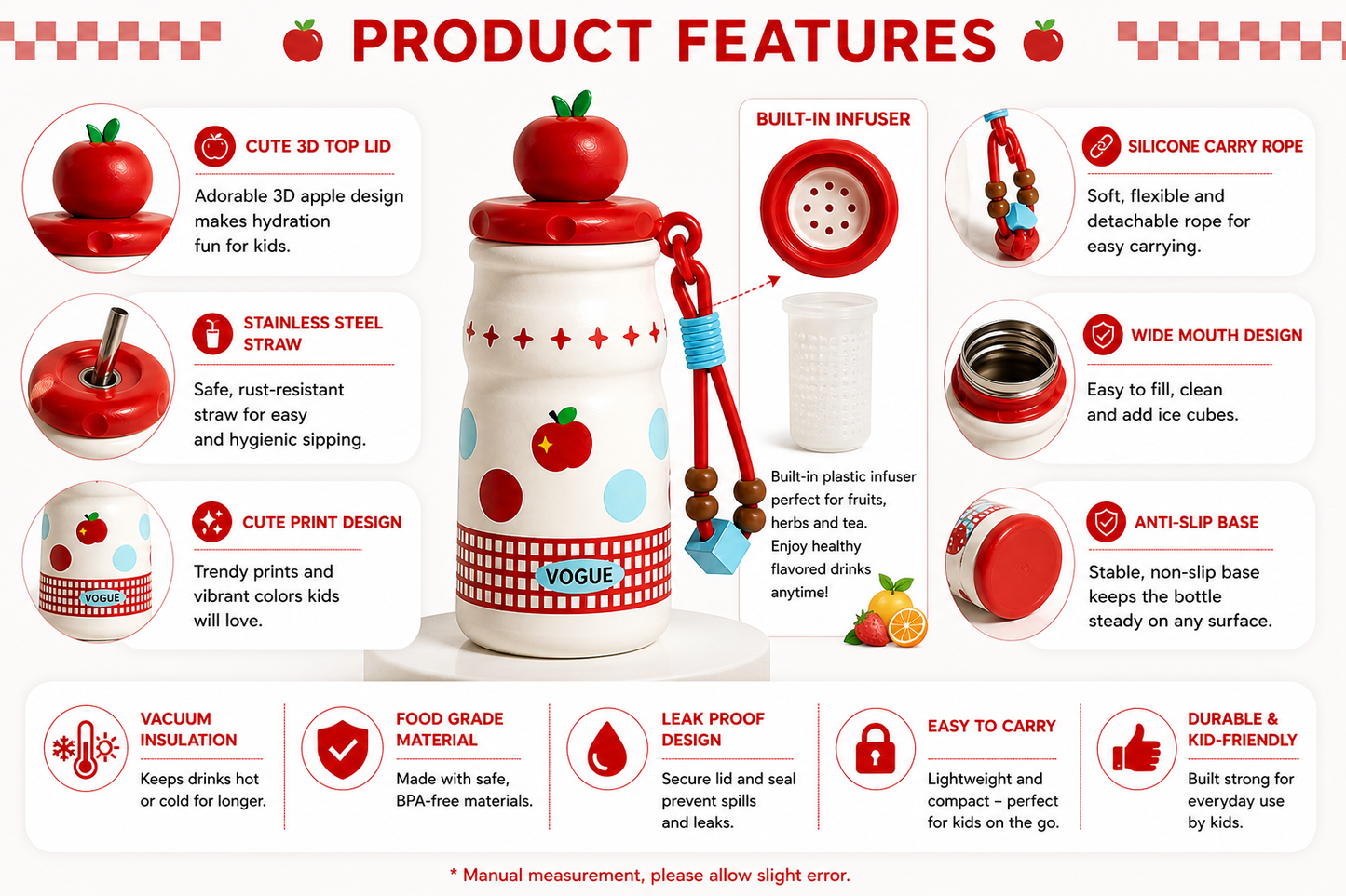 Kids Stainless Steel Insulated Water Bottle with Straw & Cute Apple Lid – 480ml Leak Proof Bottle for School, Travel & Daily Use