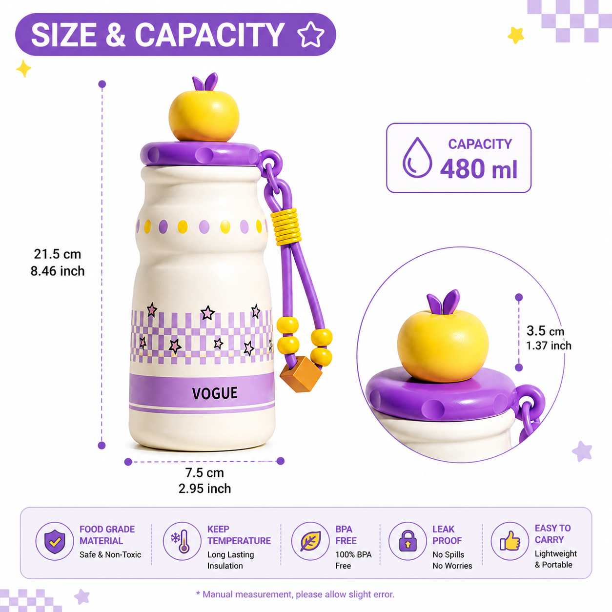 Kids Stainless Steel Insulated Water Bottle with Straw & Cute Apple Lid – 480ml Leak Proof Bottle for School, Travel & Daily Use