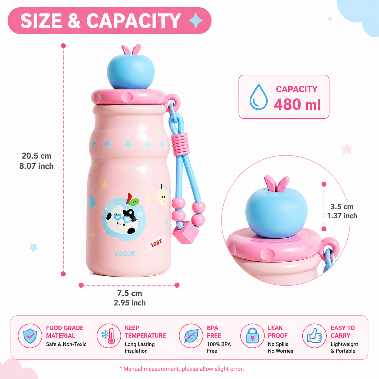 Kids Stainless Steel Insulated Water Bottle with Straw & Cute Apple Lid – 480ml Leak Proof Bottle for School, Travel & Daily Use
