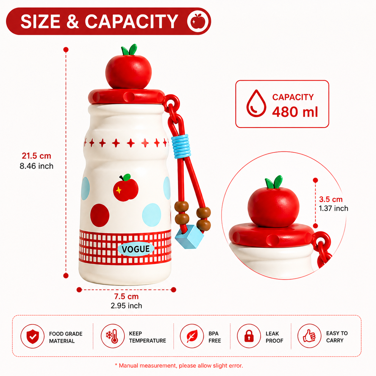 Kids Stainless Steel Insulated Water Bottle with Straw & Cute Apple Lid – 480ml Leak Proof Bottle for School, Travel & Daily Use