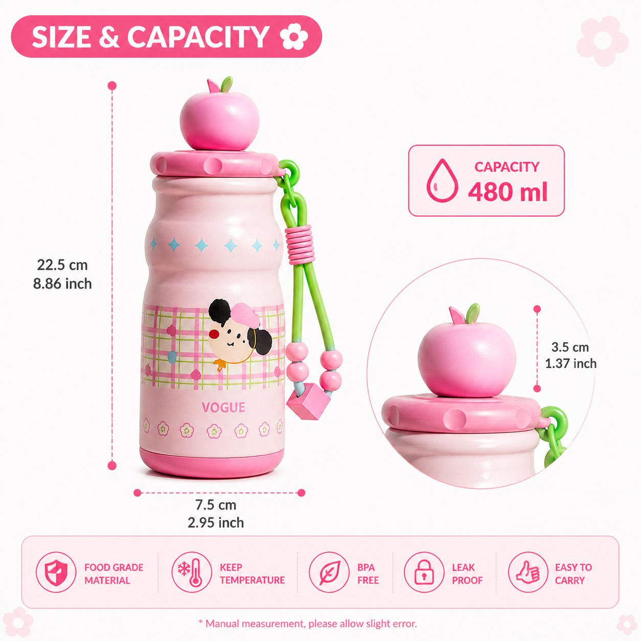 Kids Stainless Steel Insulated Water Bottle with Straw & Cute Apple Lid – 480ml Leak Proof Bottle for School, Travel & Daily Use