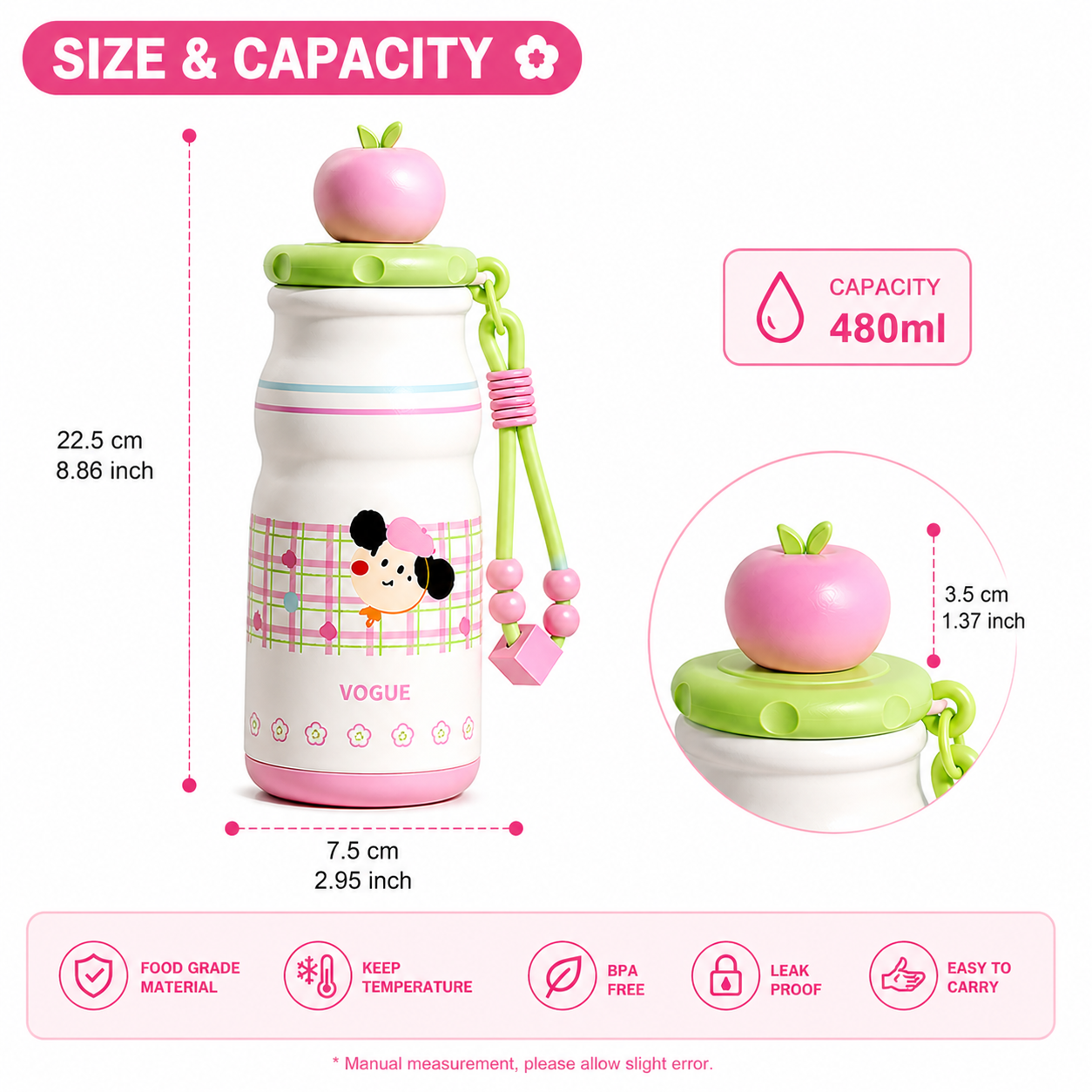 Kids Stainless Steel Insulated Water Bottle with Straw & Cute Apple Lid – 480ml Leak Proof Bottle for School, Travel & Daily Use