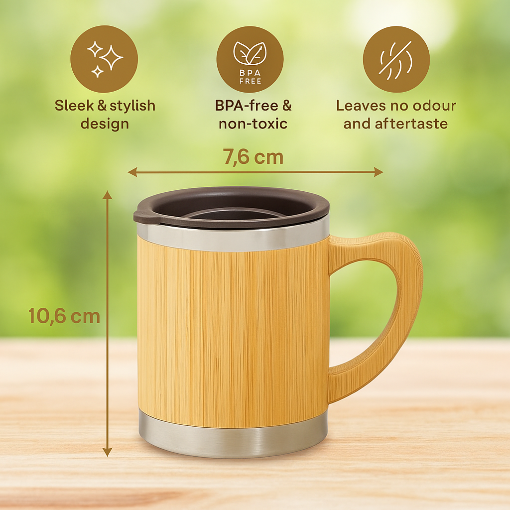 Toytopia Universe Premium Bamboo Insulated Coffee Mug with Lid – Eco-Friendly Stainless Steel Travel Mug for Hot & Cold Beverages, 350ml