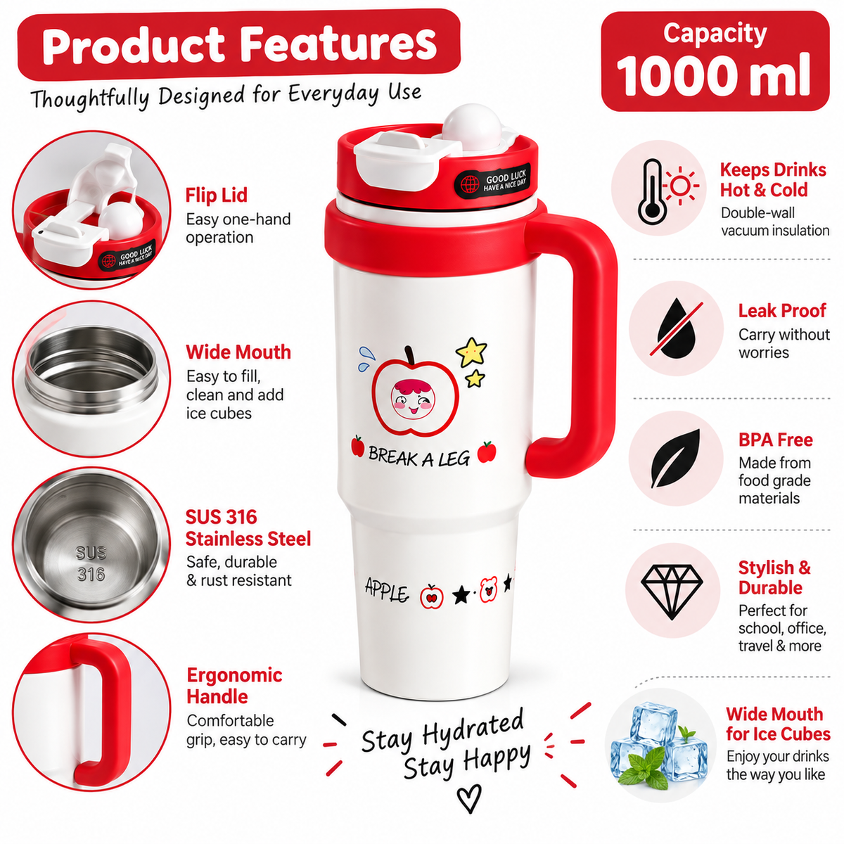 ToyTopia Universe 1000 ML Insulated Stainless Steel Water Bottle with Handle