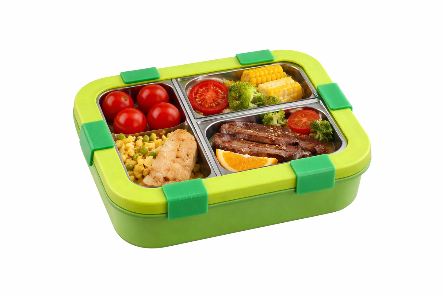 Kids Lunch Box with 4 Compartments | Leak-Proof Bento Box with Silicone Seal | BPA Free | Stainless Steel Interior | With Spoon & Fork | Ideal for School & Office