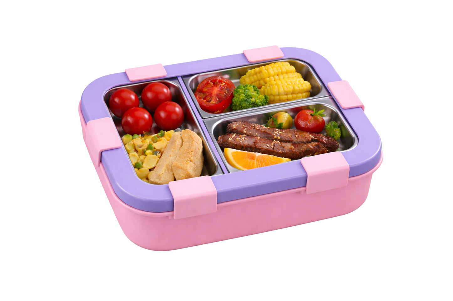 Kids Lunch Box with 4 Compartments | Leak-Proof Bento Box with Silicone Seal | BPA Free | Stainless Steel Interior | With Spoon & Fork | Ideal for School & Office