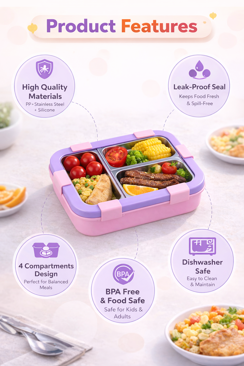 Kids Lunch Box with 4 Compartments | Leak-Proof Bento Box with Silicone Seal | BPA Free | Stainless Steel Interior | With Spoon & Fork | Ideal for School & Office