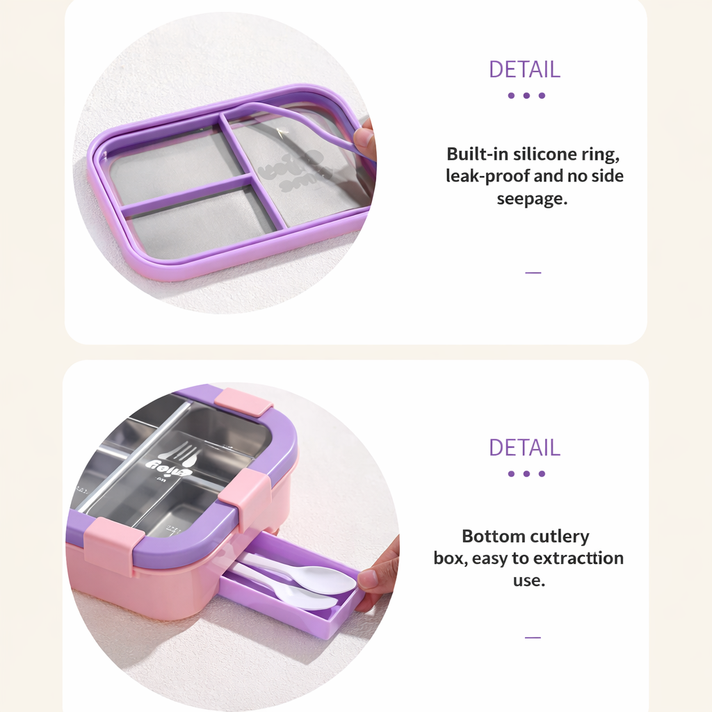 Kids Lunch Box with 4 Compartments | Leak-Proof Bento Box with Silicone Seal | BPA Free | Stainless Steel Interior | With Spoon & Fork | Ideal for School & Office