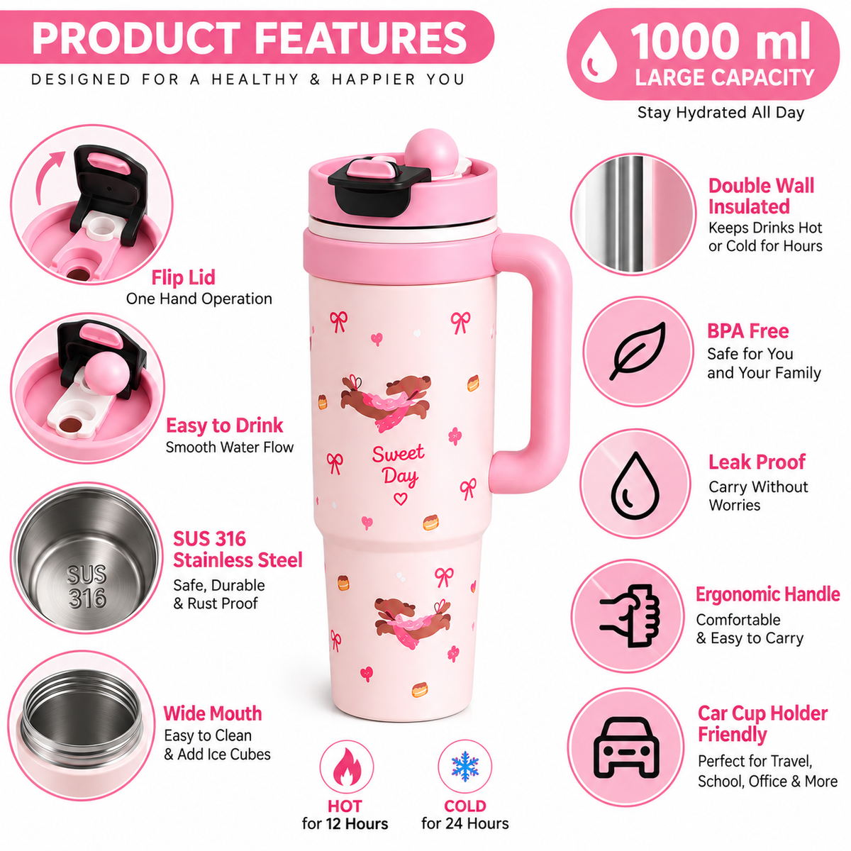 ToyTopia Universe 1000 ML Insulated Stainless Steel Water Bottle with Handle