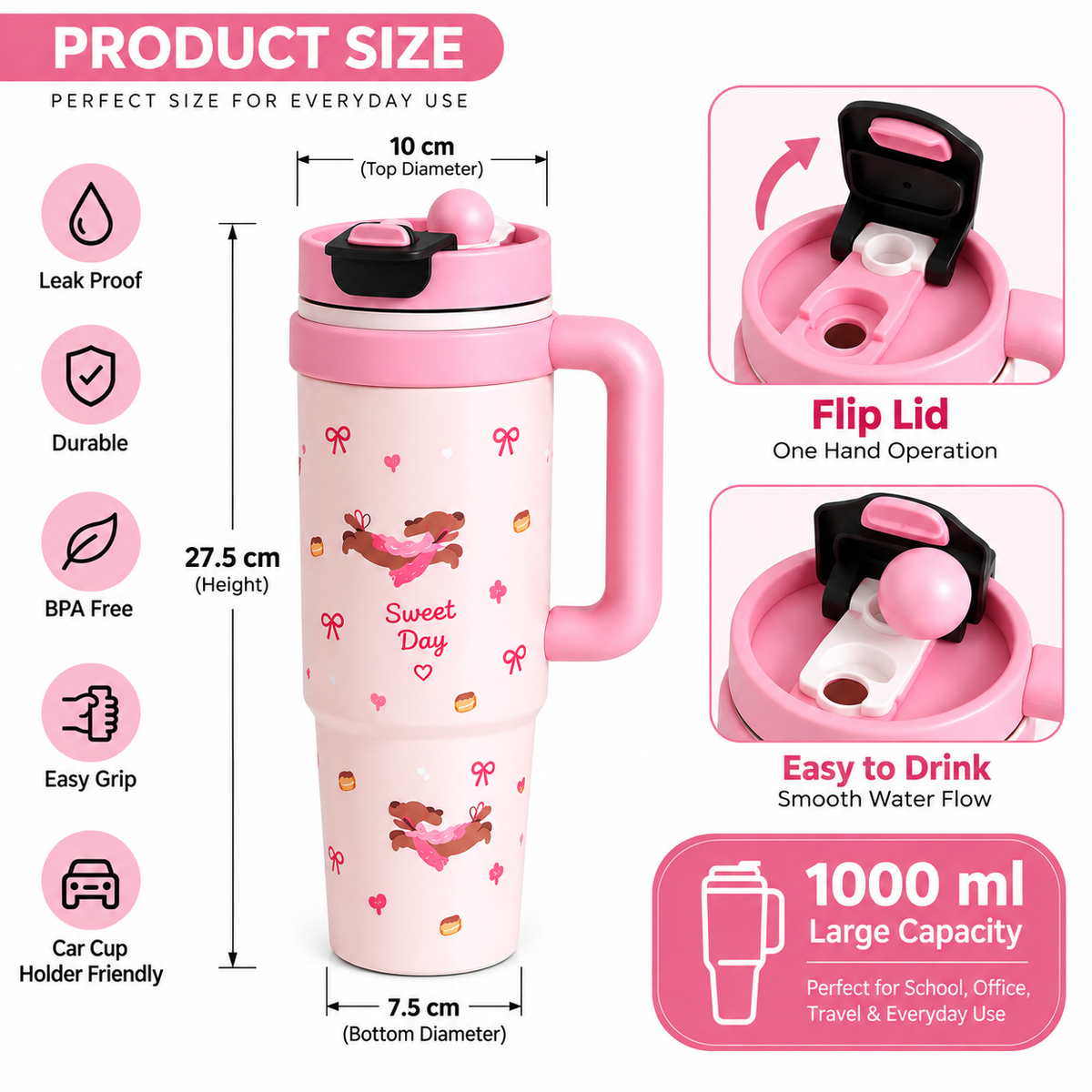 ToyTopia Universe 1000 ML Insulated Stainless Steel Water Bottle with Handle