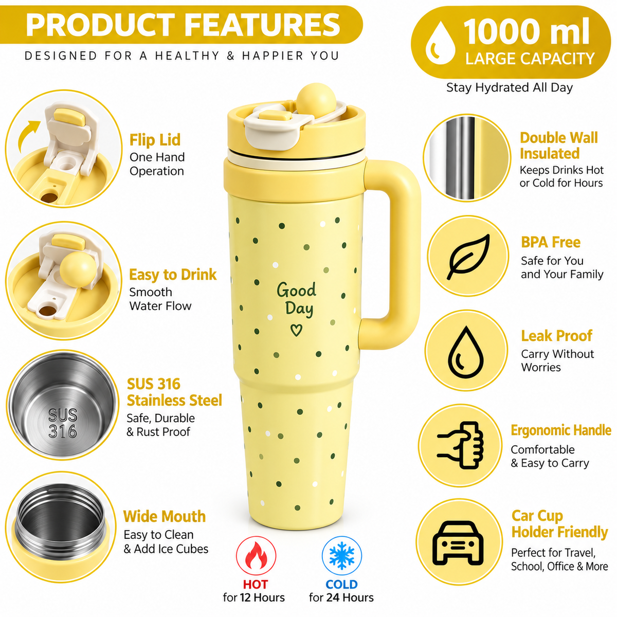 ToyTopia Universe 1000 ML Insulated Stainless Steel Water Bottle with Handle