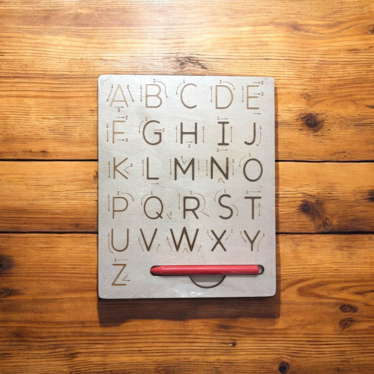 Toytopia Universe Wooden Alphabet Tracing Board with Stylus – Montessori Learning Toy for Kids | ABC Uppercase Letters Writing Practice Board