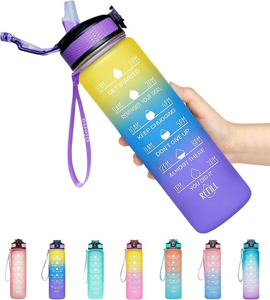 Toytopia Universe Motivational Water Bottle with Time Marker – Leakproof, BPA Free, 1 Liter, Gradient Colors, with Straw & Strap