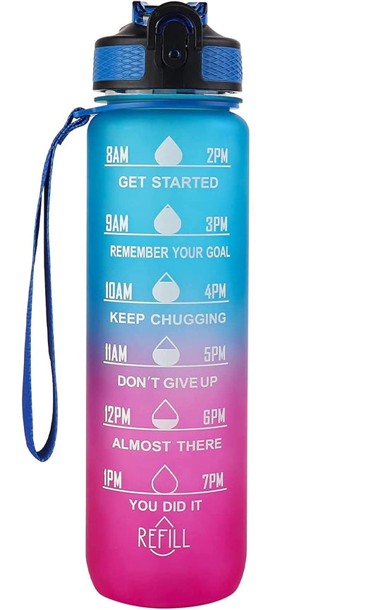 Toytopia Universe Motivational Water Bottle with Time Marker – Leakproof, BPA Free, 1 Liter, Gradient Colors, with Straw & Strap